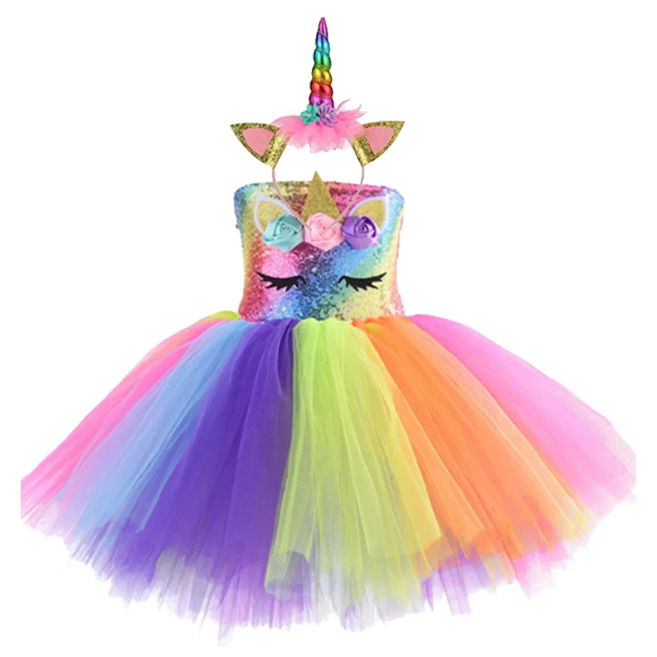 Princess Girls Unicorn Tutu Dress Outfits Pastel Flower Baby Girl Birthday Party Dresses Tulle Kids Halloween Cosplay Costumes