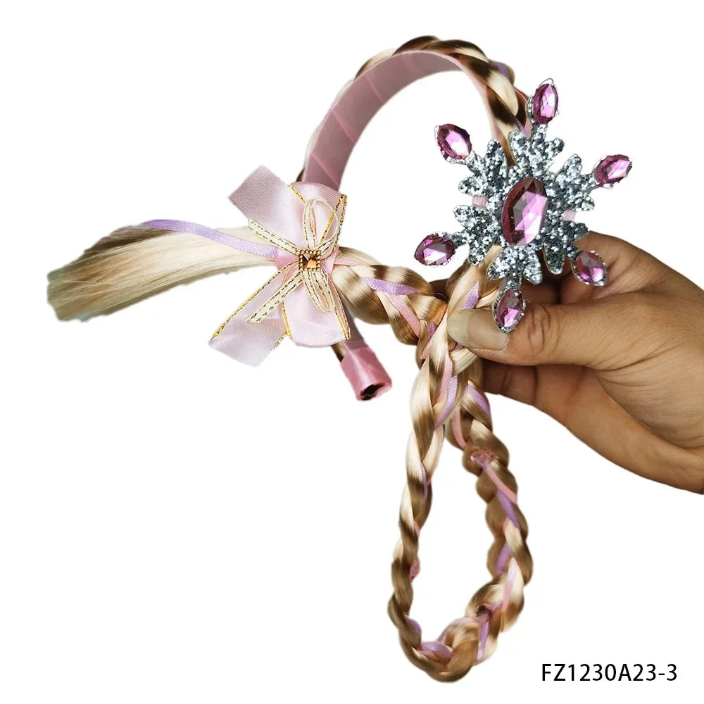 Princess Dress Up Wigs Princess Rapunzel Long Braided Wig Headbands with Flowers Adorn for Girls Costume Accessories