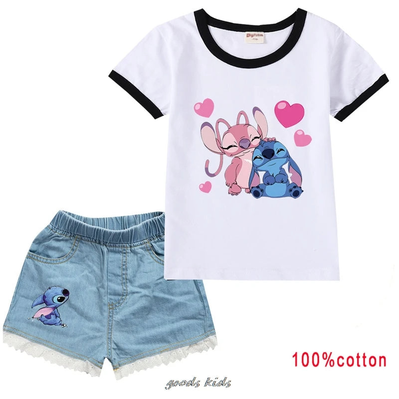 Lilo And Stitch Summer Kids Clothes Toddler Girls Casual Outfits Girl Costume Boys Tshirts+Denim Shorts Suits