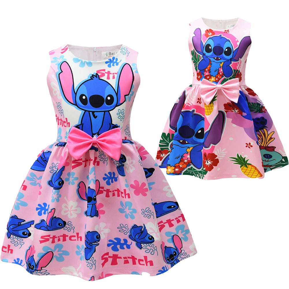 Lilo and Stitch Dress Summer Sweet Cute Animated Movie Stitch Printed Bow Tutu Skirt Kids Girls Birthday Party Princess Costumes