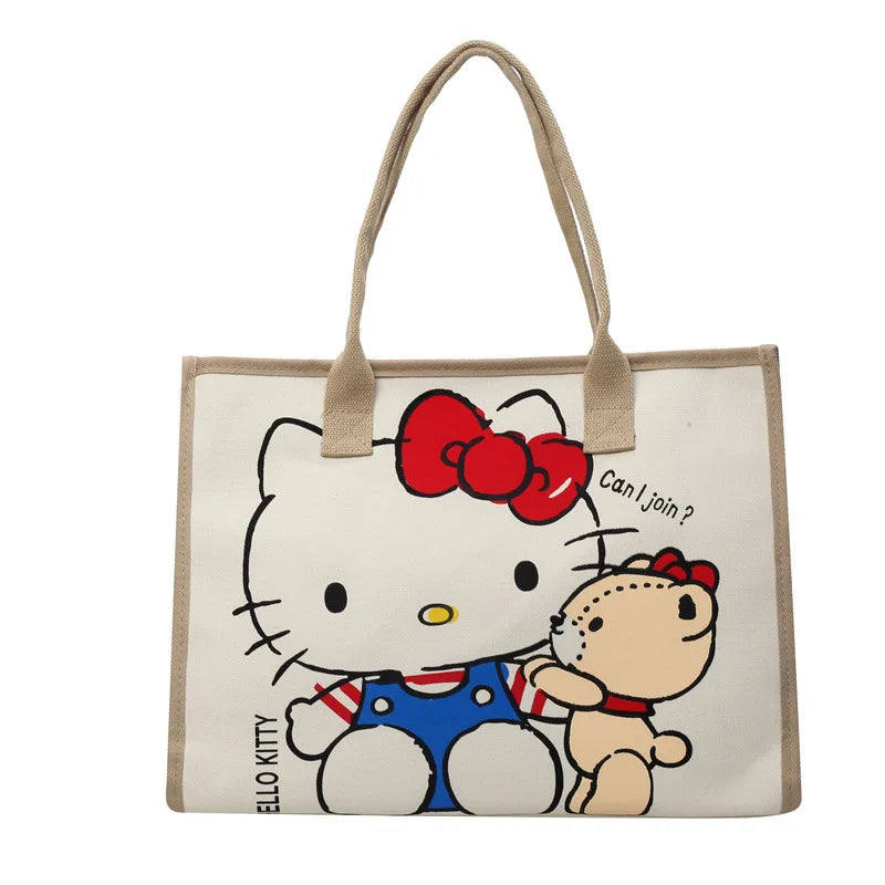 Hello Kitty Canvas Bag Sanrio Tote Bag Shoulder Storage Makeup Pouch Anime Handbag Travel Shopping Bag Kid Schoolbag Girl Gift