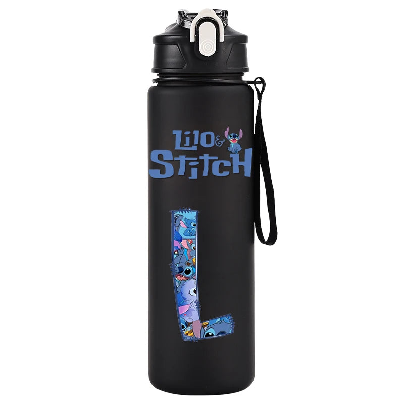 750ml Water Bottle Letter A-Z Printed Lilo Stitch Black Large Capacity Drinking Cup Portable Outdoor Sport Water Cup Kid Gifts