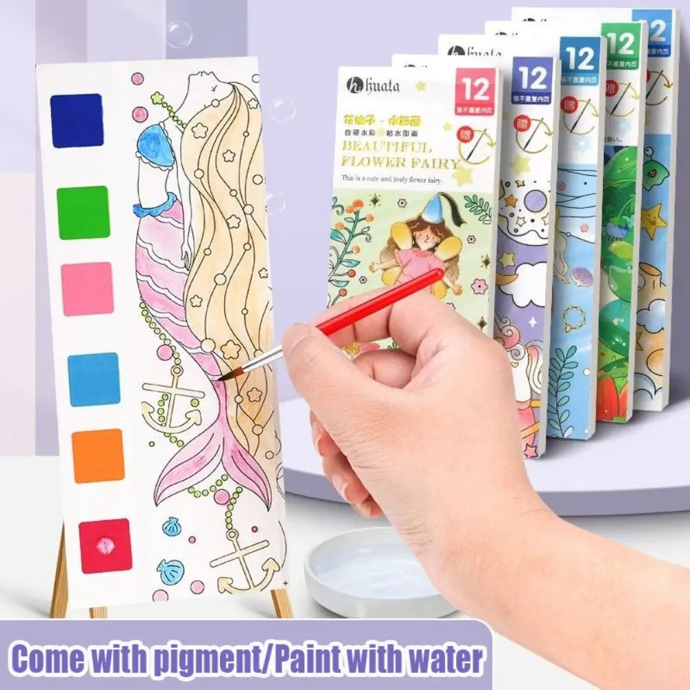 New 12 Pages Watercolor Coloring Book DIY Handcrafted Coloring Painting Book Portable With Painting Brush Mini Paint Pad Gift