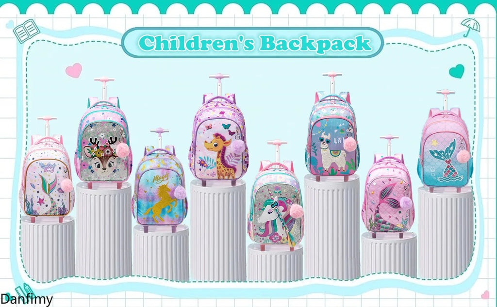 Children's School Backpack with Wheels Kids Wheeled School Bag Teenagers Bag Girls Canvas Backpack Travel Luggage Trolley Bags