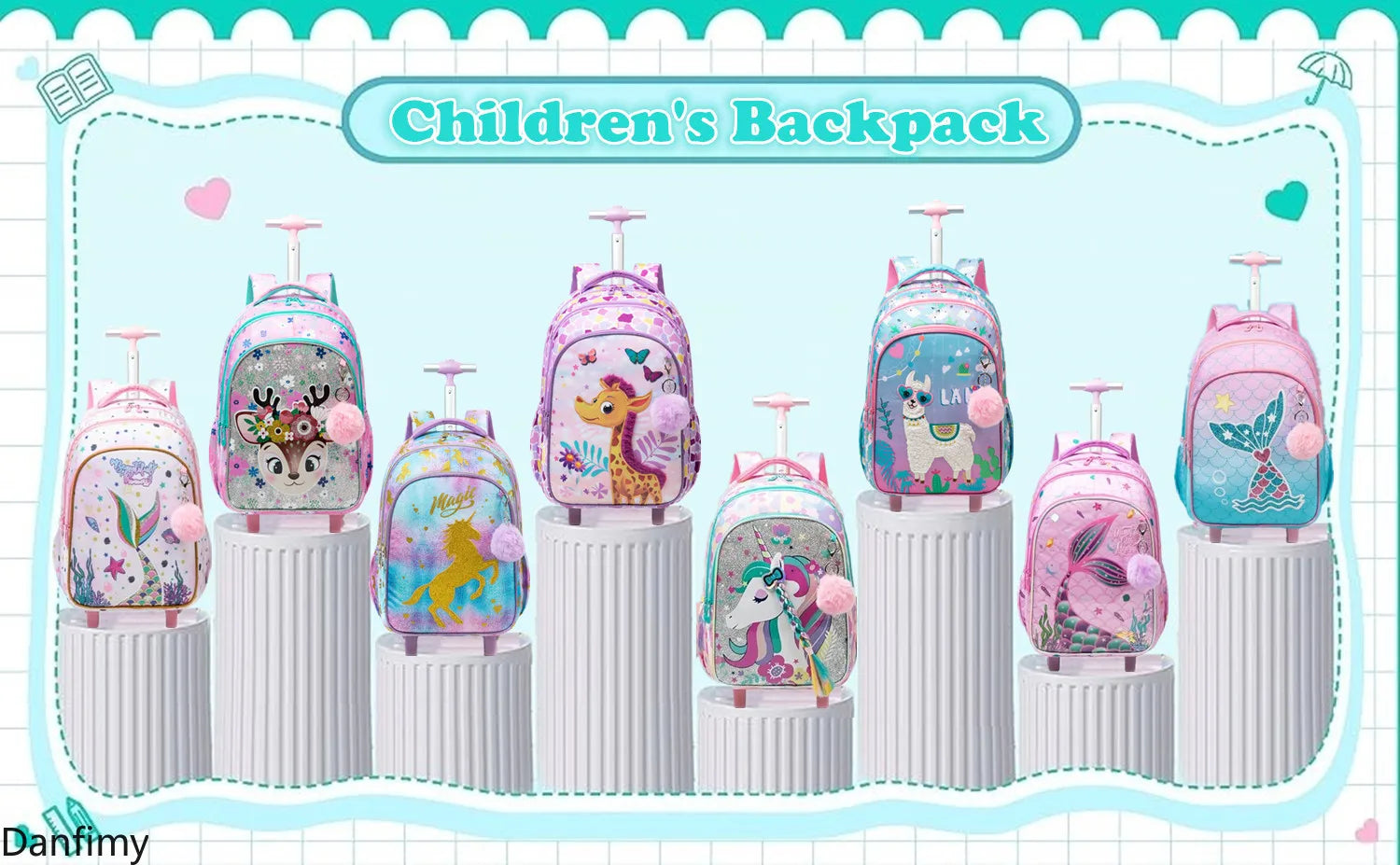 Children's School Backpack with Wheels Kids Wheeled School Bag Teenagers Bag Girls Canvas Backpack Travel Luggage Trolley Bags