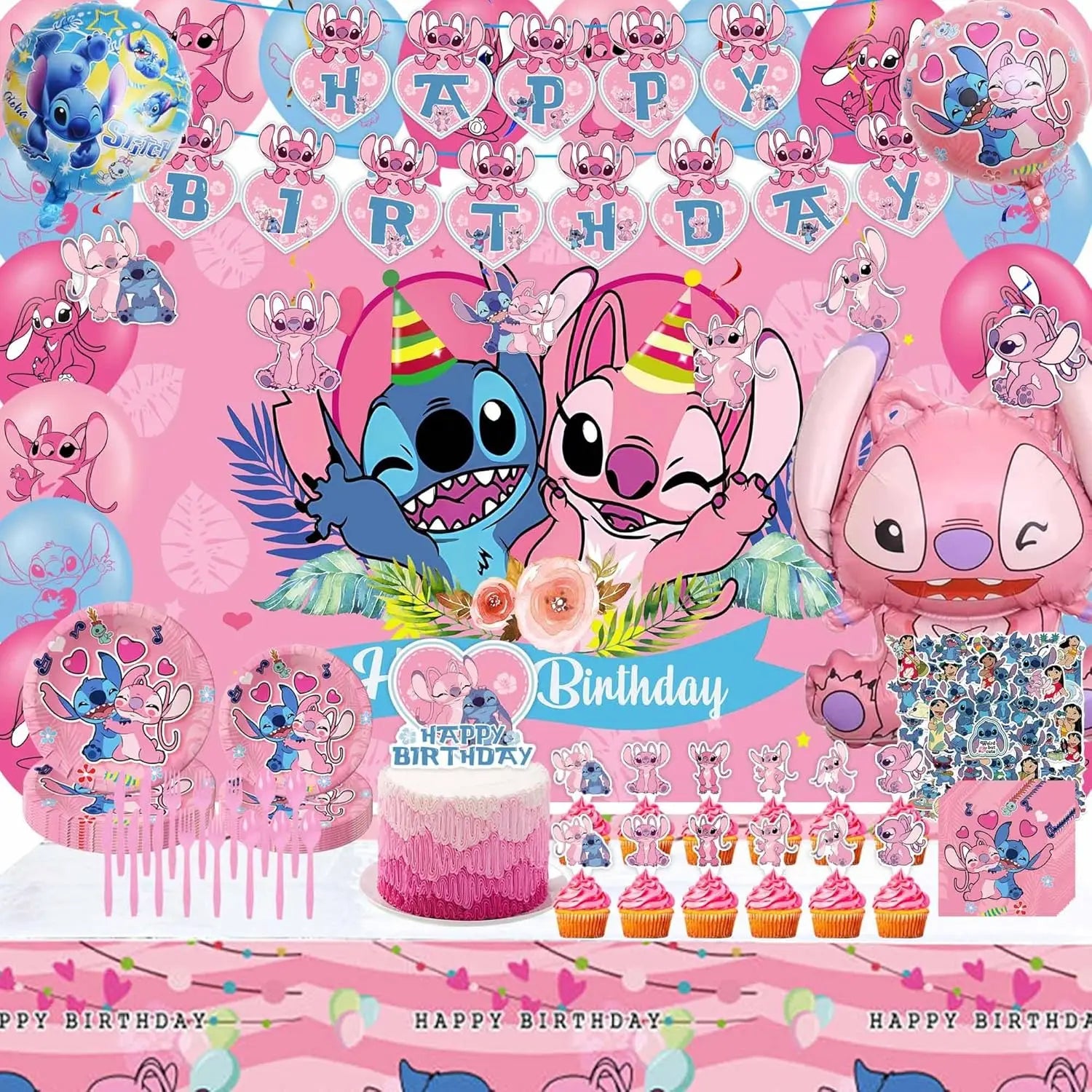 Lilo And Stitch Girl Party Birthday Decoration Set Party Supplies Tableware Stitch Balloon Banner Plate Napkin Tablecloth forkid