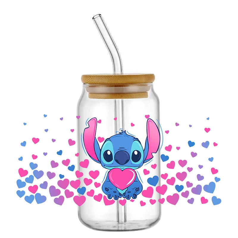 UV DTF Cup Mug Wraps Miniso Lovely Cartoon stitch 3D Transfer Sticker for 16oz Libbey Glasses  Cup Waterproof  DIY Sticker