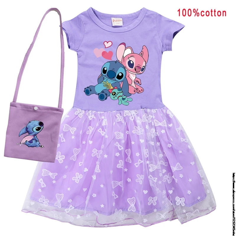 Hot Lilo And Stitch Girls Children Spring Summer Tutu Stitch Dress +Bag Kids Princess Girls Birthday Party Dress Costume