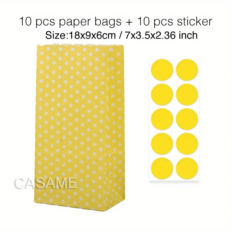 10 pcs Colorful Solid Stripe and Polka Dot Stand-Up Bags with Stickers - 18x9x6cm Favor Gift Packing Treat Bags for Wedding