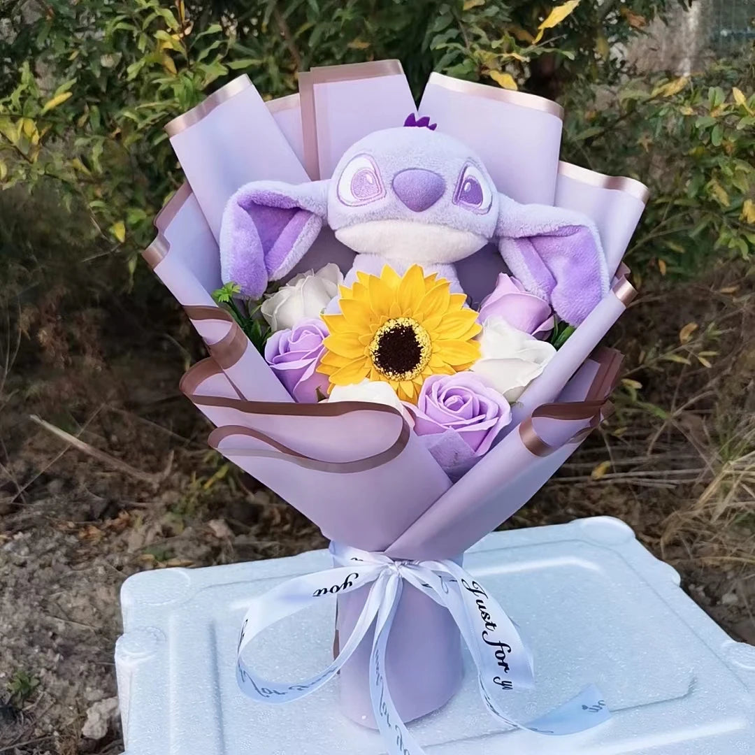 Lilo&Stitch Plush Bouquet Toy Christmas Gift Purple Blue Stuffed Rose Flower Soft Cute Cartoon Doll Valentine Graduation Gifts