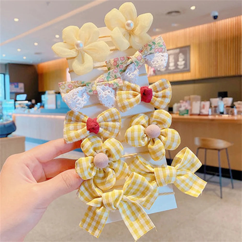 10pcs Cute Flower Hair Ties Set Kids High Elastic Mixed Cloth Plaid Bow Charms Hair Loop For Toddler Girls Princess Headwear