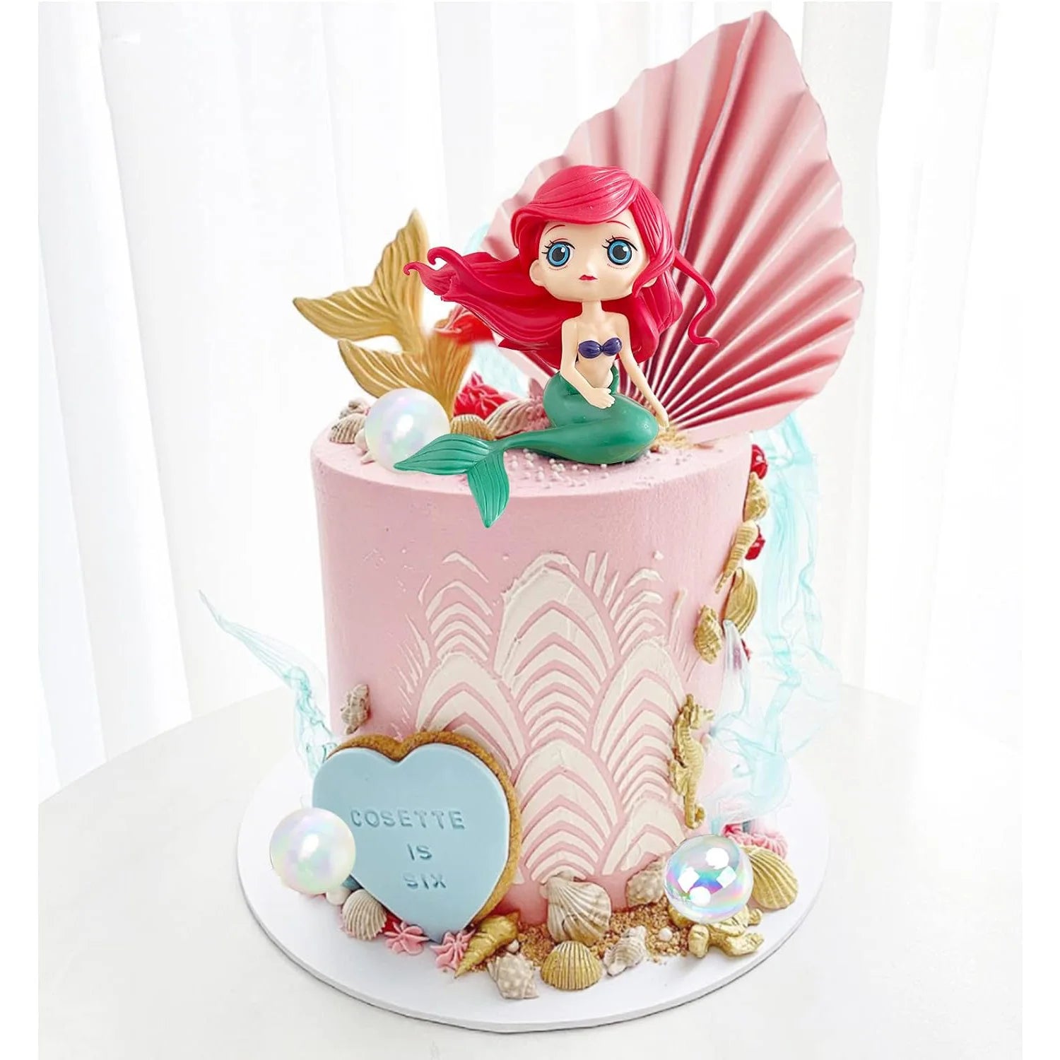 Mermaid Cake Topper Big Mermaid Tails Seaweed Bubbles Shells and Golden Ginkgo Leaves Cake Set for Mermaid Cake Decorations