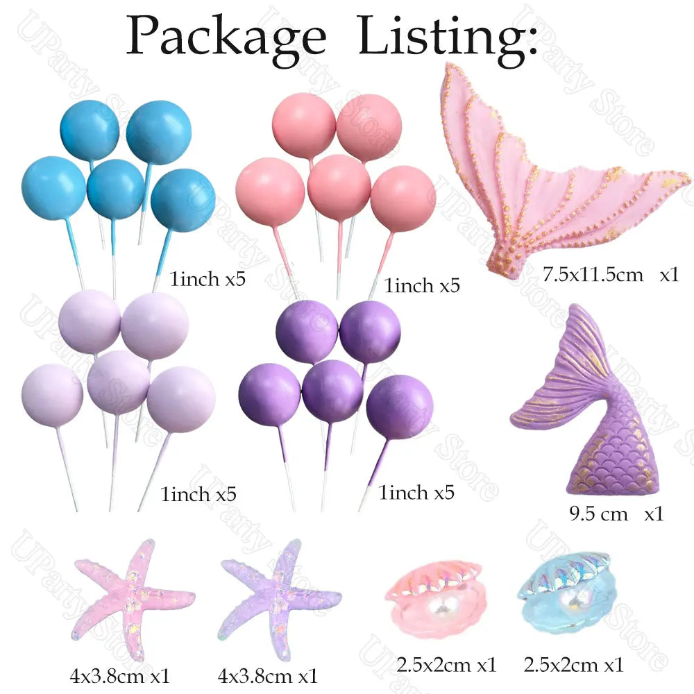26Pcs Mermaid Birthday Cake Decoration Pink Purple Cake Balls Seashell Memail Tail Cake Toppers for Birthday Baby Shower Favor