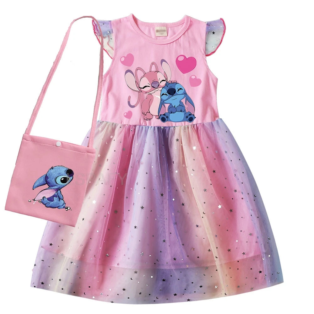 Hot Lilo And Stitch Girls Children Spring Summer Tutu Stitch Dress +Bag Kids Princess Girls Birthday Party Dress Costume
