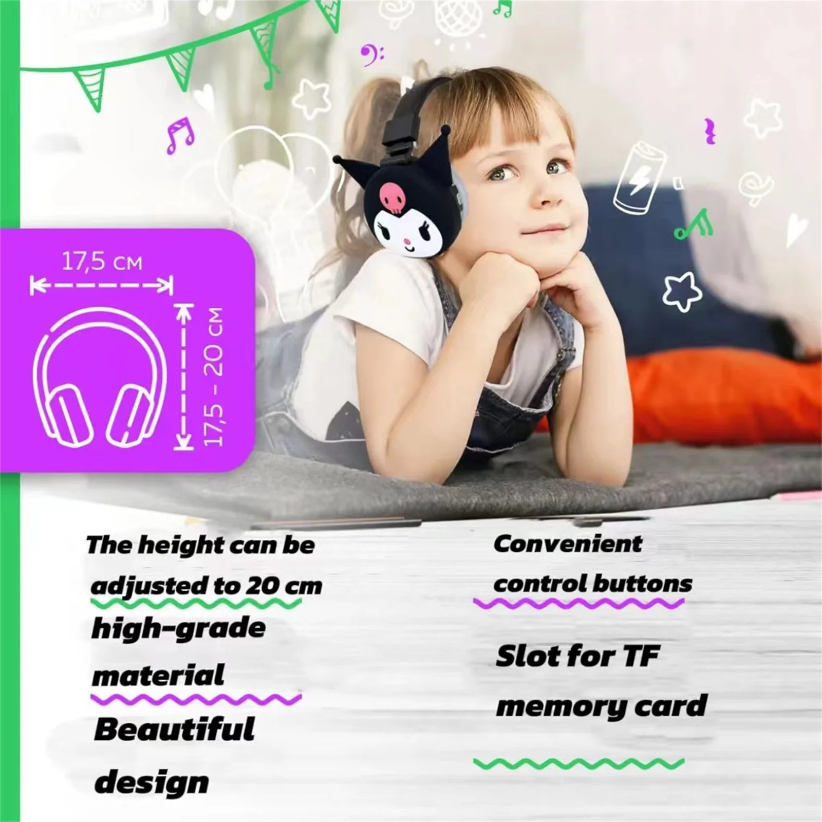 Sanrio Bluetooth Headphone Hello Kitty Wireless Headsets Cartoon Mic Foldable Lightweight Earphone for Phones Laptop Gift Pink