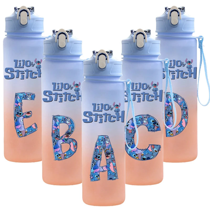 750ml Letter A-Z Printed Lilo Stitch Water Bottle Anime Large Capacity Drinking Cup Portable Outdoor Sports Water Cup kid Gift
