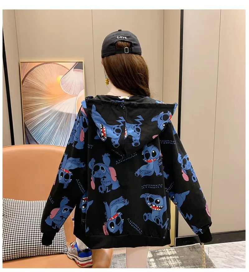 New Lilo and Stitch Hooded Sweatshirt Kawaii Women's Loose Top Thin Design Anime Printed Accessories Cartoon Cardigan Jacket
