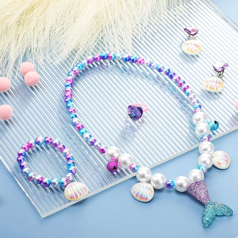 5Pcs/set Girl Princess Mermaid Shell Charm Necklace Bracelet Jewelry Set for Daughter Niece Children Favor Birthday Party Favor