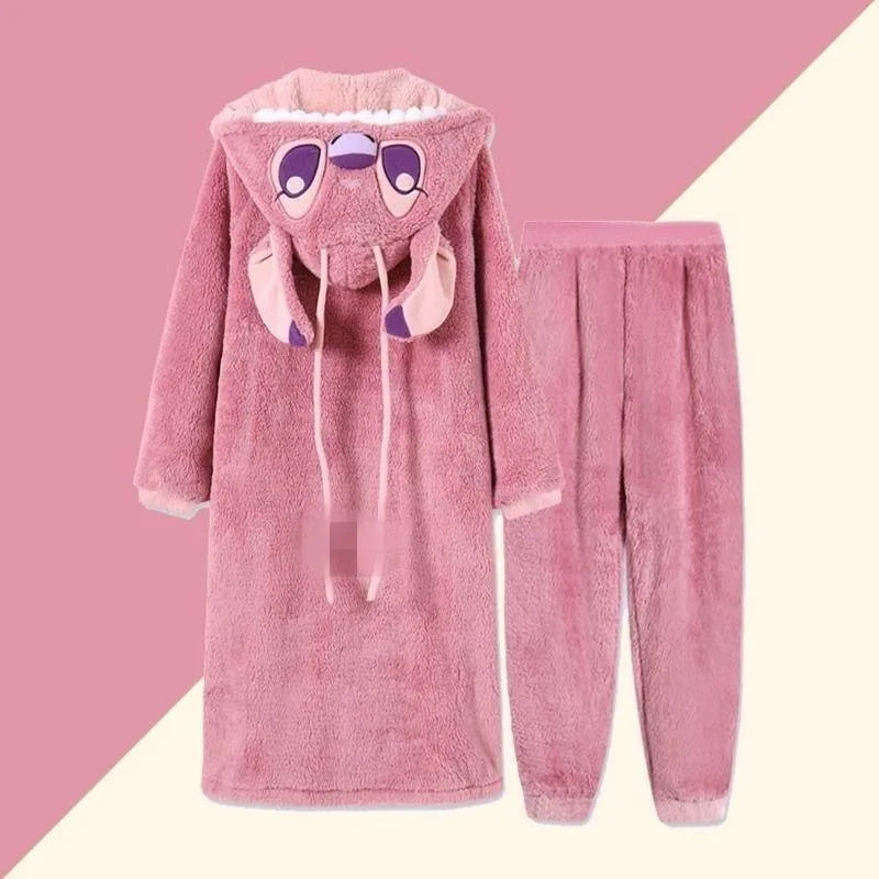 2024 New Lilo & Stitch Winter Thickened Plush Cosplay Cartoon Hooded Couple Pajamas Flannel Men & Women Loungewear Set