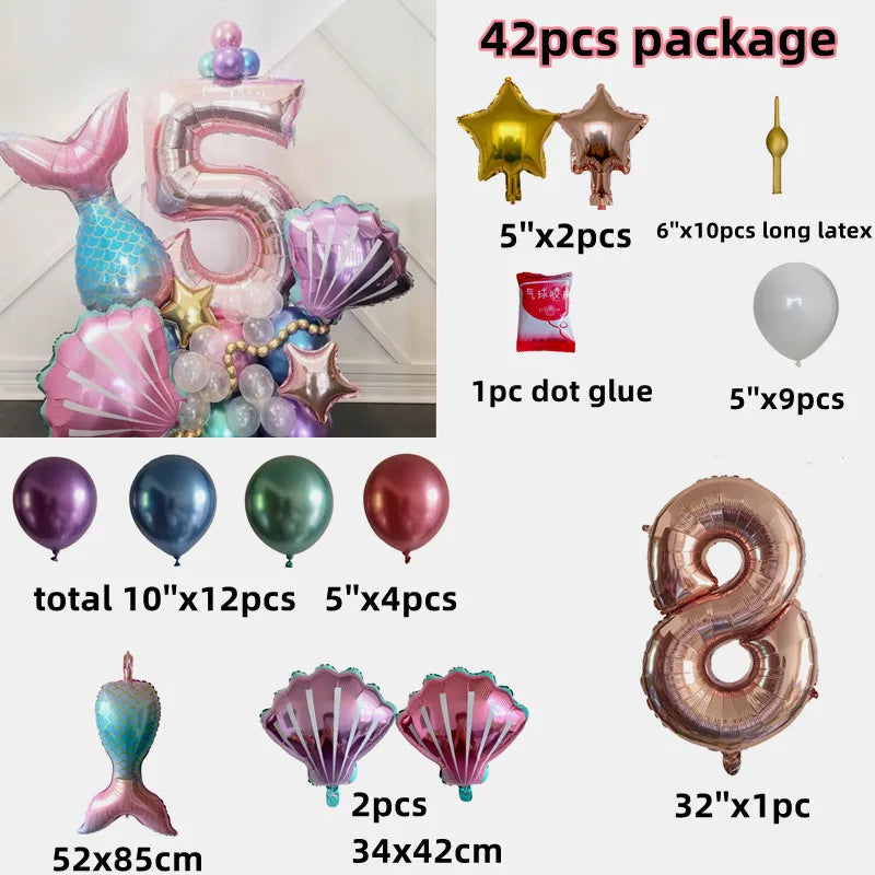 Little Mermaid Theme Party 1-9 Number Foil Balloon Set with Mermaid Tail Balloons Kids Birthday Party Decoration Supplies