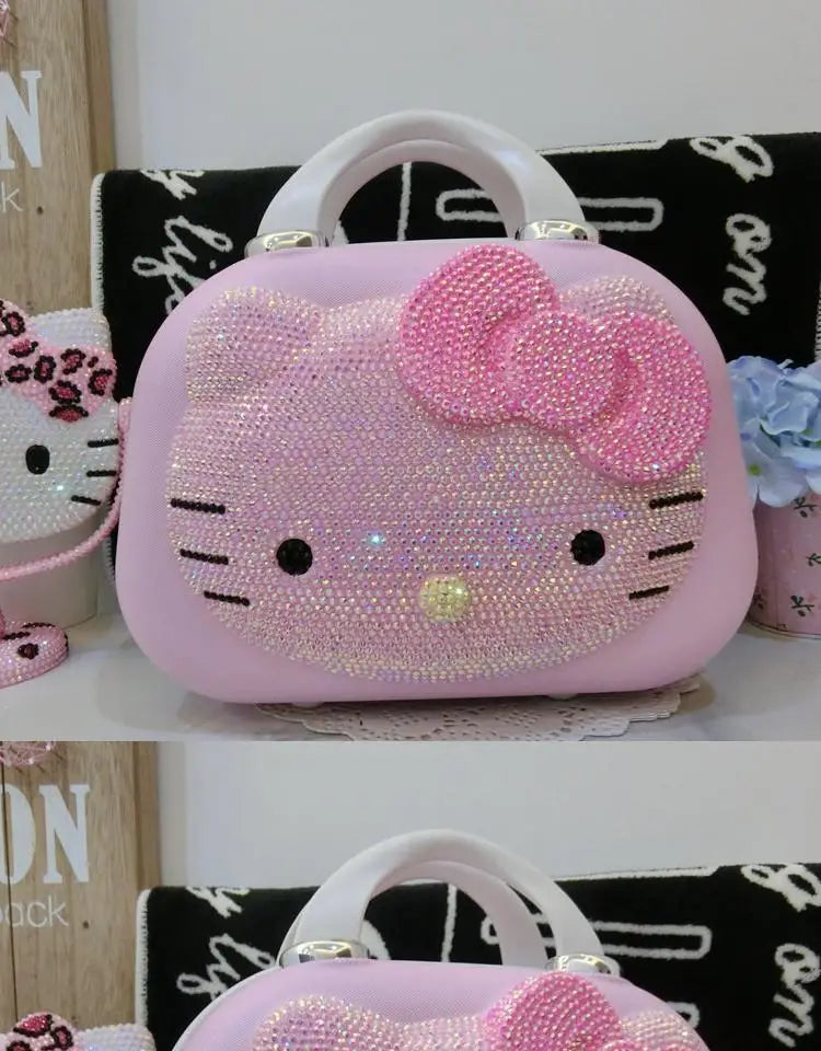 Kawaii 14 Inches Hello Kitty Cosmetic Case Sanrioed Anime Suitcase High Capacity with Lock Storage Bag Girl High End Gift Travel
