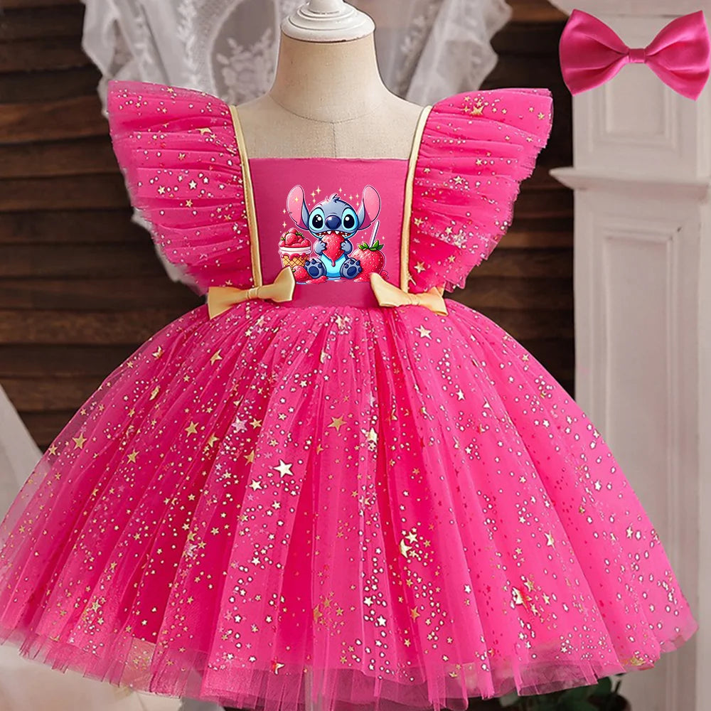 Lilo Stitch Princess Dress for Girls Sequined Star Ruffle Bow Tutu Gown Baby Formal Gala Prom Gown Kids Evening Party Costume