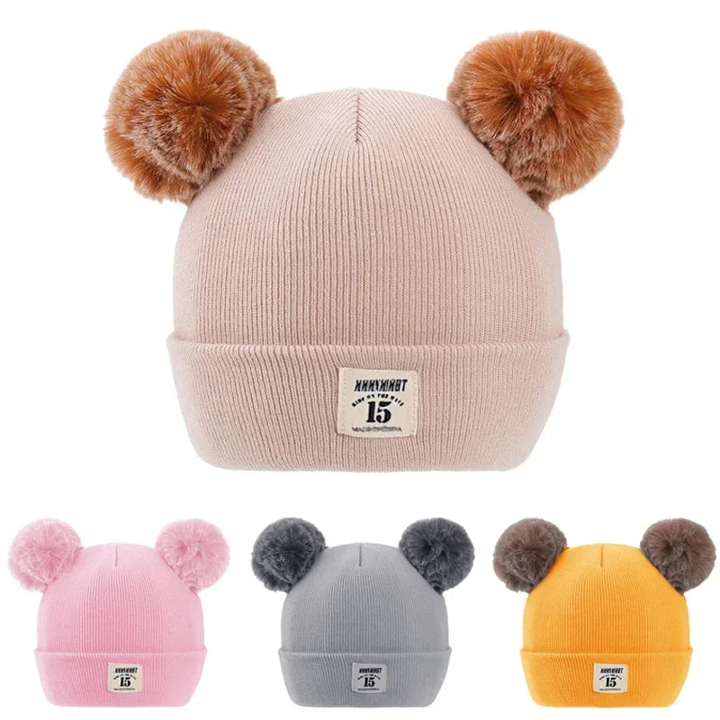 Winter Children Warm Baby Knitted Hats with Pom Pom Kids Knit Beanie Hats Solid Color Children's Hat for Boys Girls Accessories