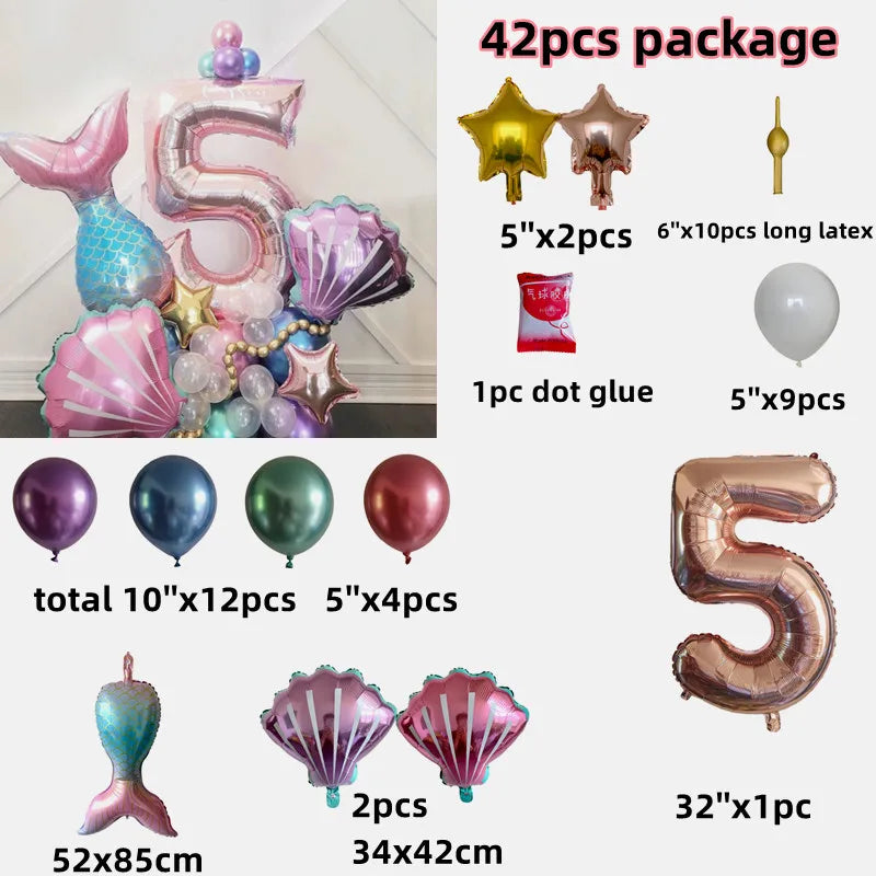 Little Mermaid Theme Party 1-9 Number Foil Balloon Set with Mermaid Tail Balloons Kids Birthday Party Decoration Supplies