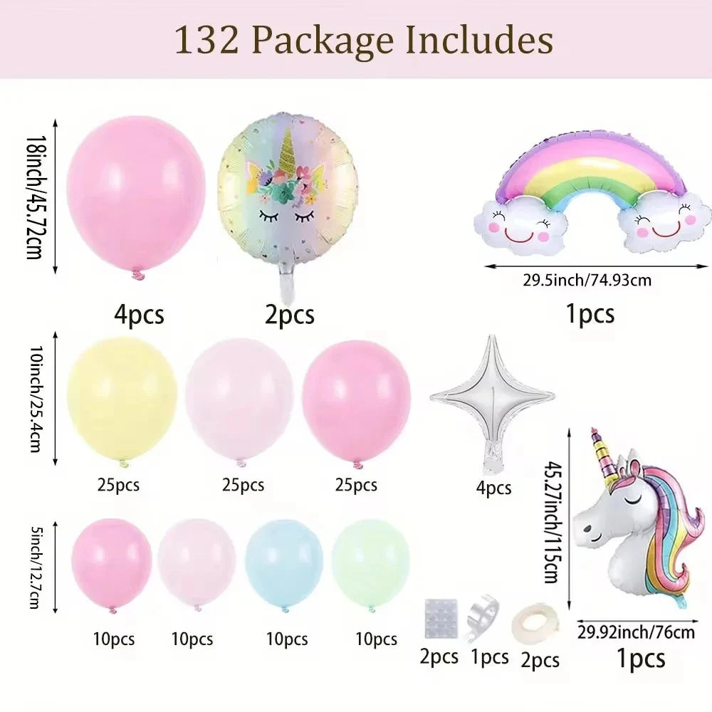 132Pcs Rainbow Unicorn Balloon Arch Flower Ring Set, Used for Summer Party Decoration and Birthday Party Decoration Supplies