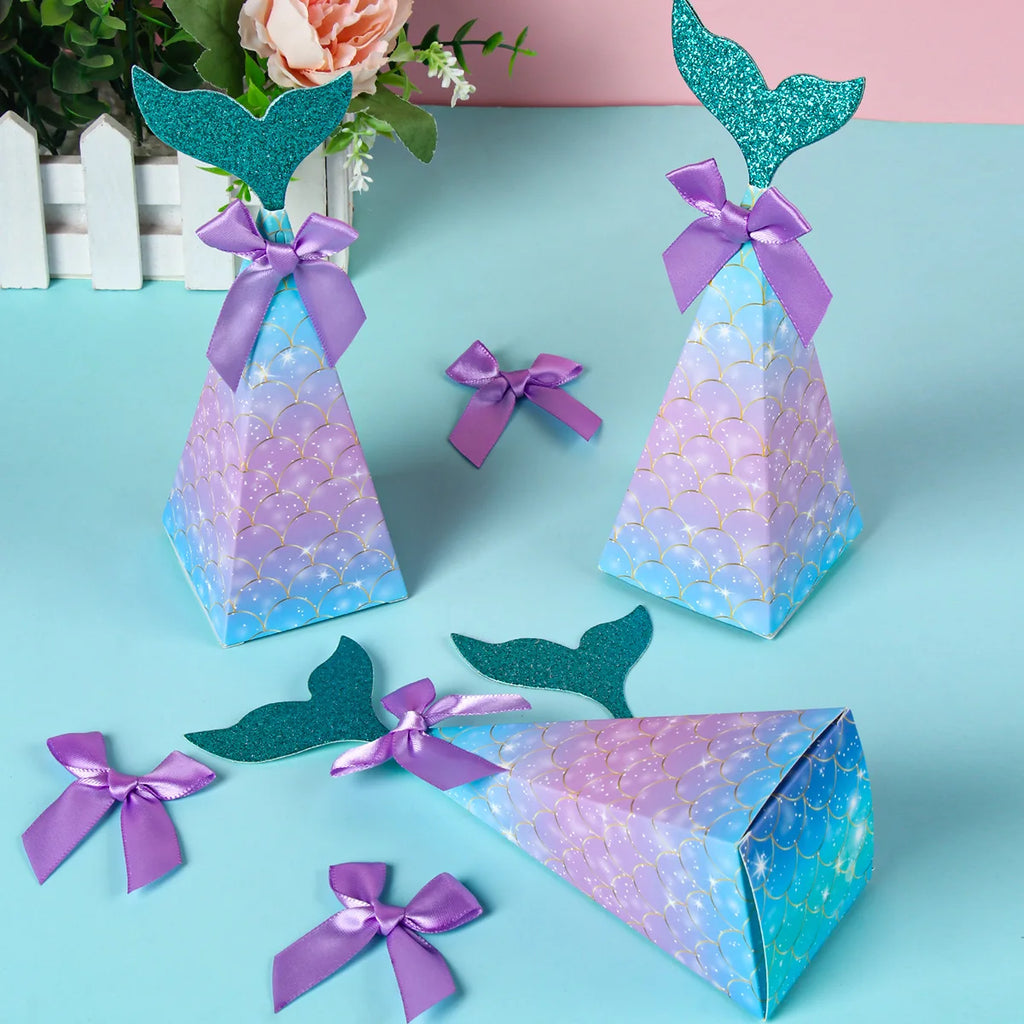 50PCMermaid Tail Candy Box Festival Gift Packaging Paper Bag Popcorn Boxes Kids Little Favors Mermaid Birthday Party Decorations