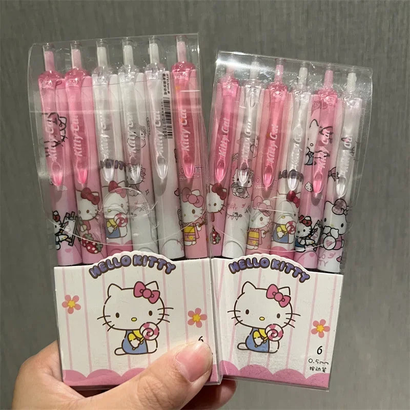 Sanrio 6pcs Series Gel Pen 0.55mm Refill Hello Kitty Y2k Cinnamoroll Kuromi MelodyCartoon Press Pen Black Stationery Supplies