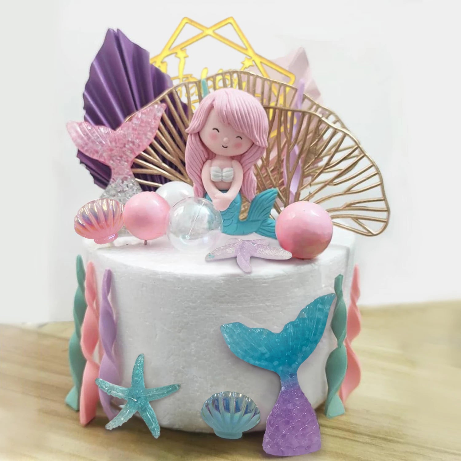 Mermaid Cake Topper Under The Sea Cake Toppers set with Little Mermaid Seaweed Bubble Golden Leaves for Mermaid Birthday