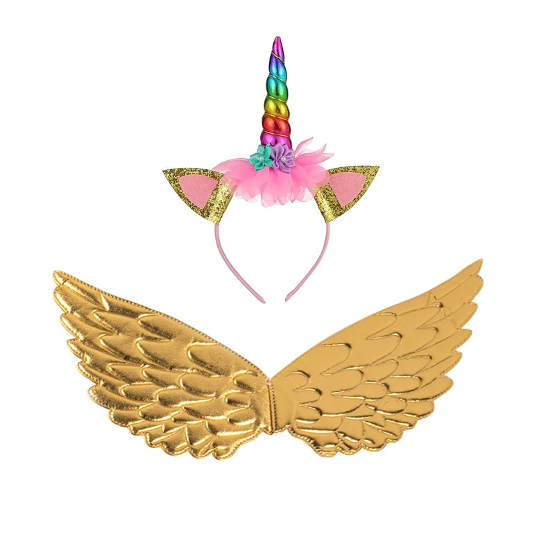 Unicorn Headband Girls' Fairy Rainbow Wings Flowers Headwear Accessory Unicorn Birthday Party Decoration Princess Dress Up Toys