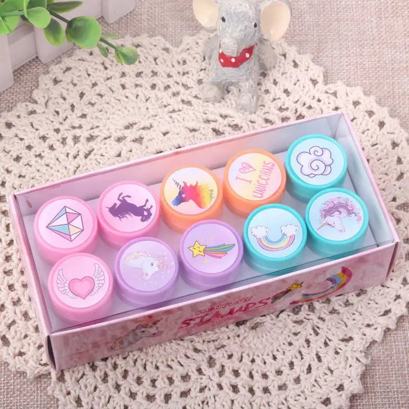 10PCS Cartoon Self-ink Stamps Toy Gift Kids Favor Mermaid Unicorn Birthday Party Children Gift Christmas Wedding Guest Giveaways