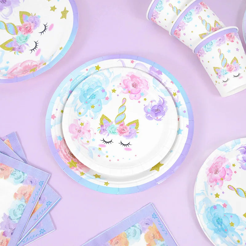 48Pcs/Set Unicorn Theme Birthday Disposable Tableware Set Paper Plates Napkins Cups Birthday Party Decoration Kids Favors Gift