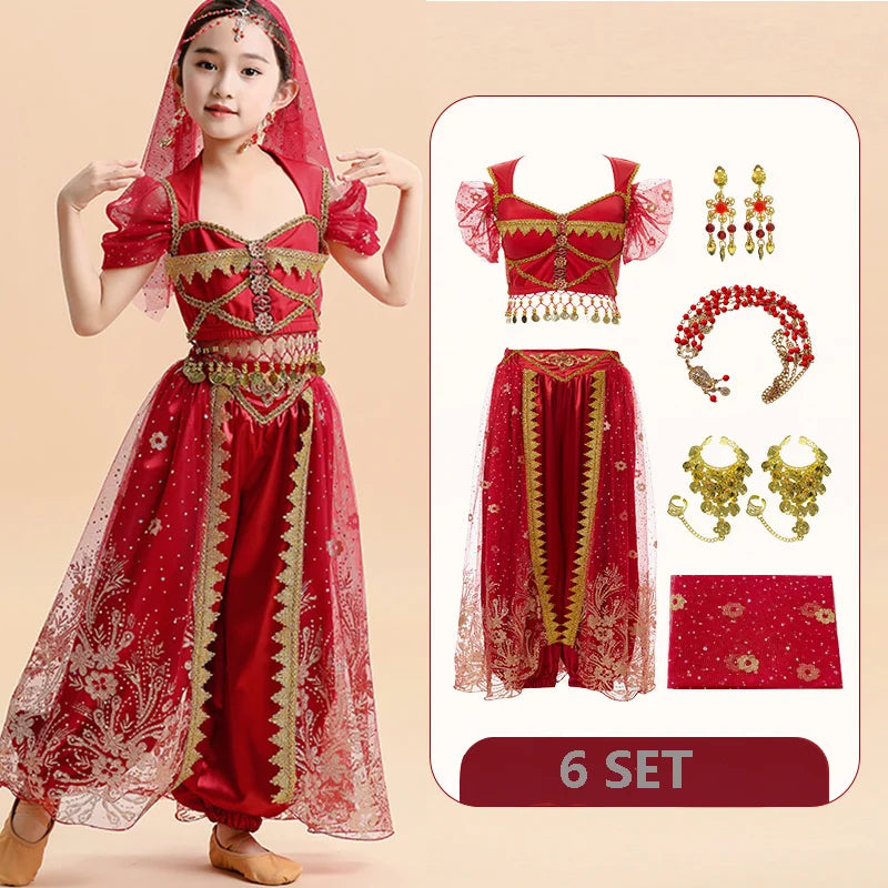  Kids India Princess Belly Dance Set Oriental Indian Dance Sari Girl Performance Costume Bollywood Children Stage Outfit