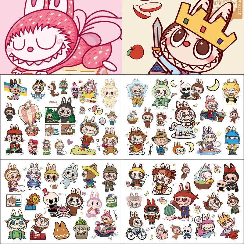 Original Cartoon Labubu Toys Tattoo Sticker  Anime Stickers Toys for Children Boys Sticker  Toys for Girls Laptop Sticker Pack