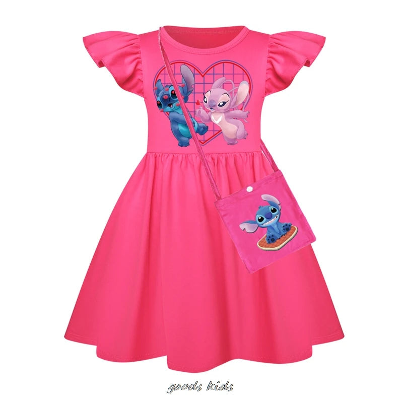 Hot Lilo And Stitch Fly Sleeve Baby Girl Dress And Bag Kids Cosplay Costume Children's Birthday Party Princess Dress Outfits