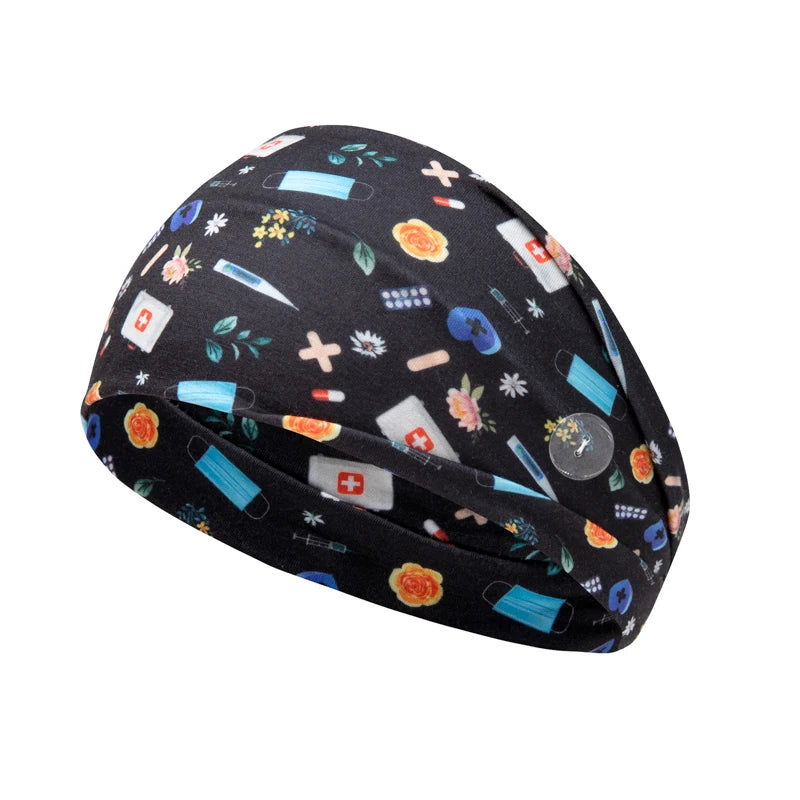 Medical Headband For Girl Buttons Hairbands Women Hair Band Printed Bandanas cute Headband Sweat -absorbing Turbans Elastic