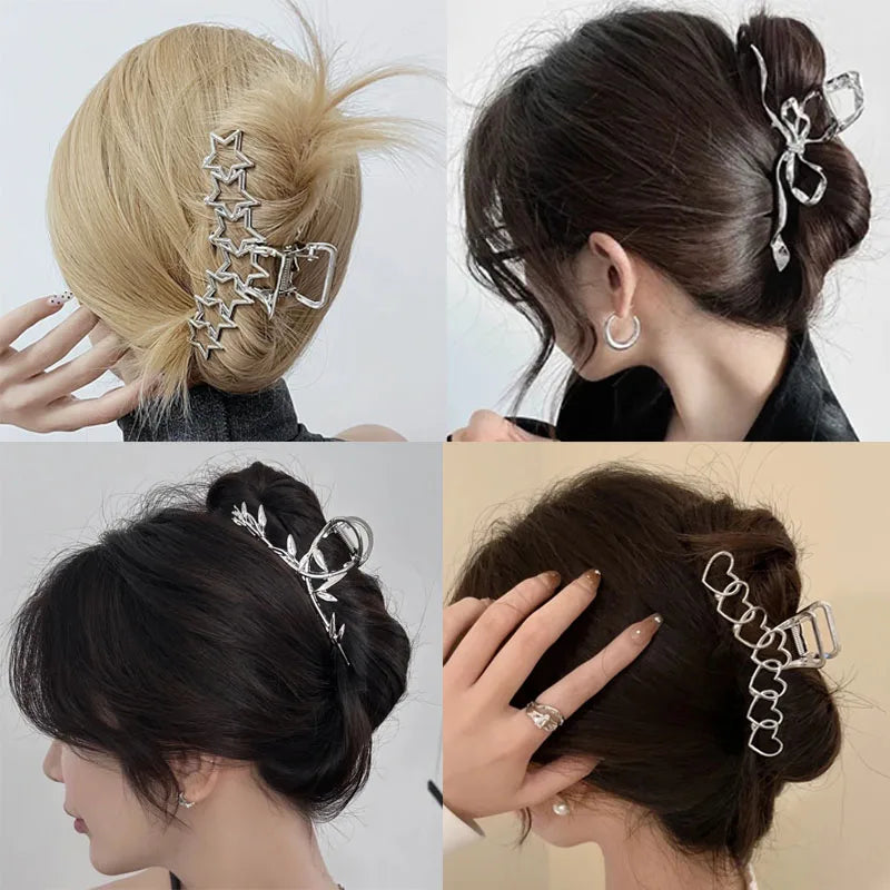 Hollow Star Hair Claws for Women Y2K Sweet Silver Pentagram Heart Cool Girls Charm Trend Hair Clip Aesthetics Hair Accessories