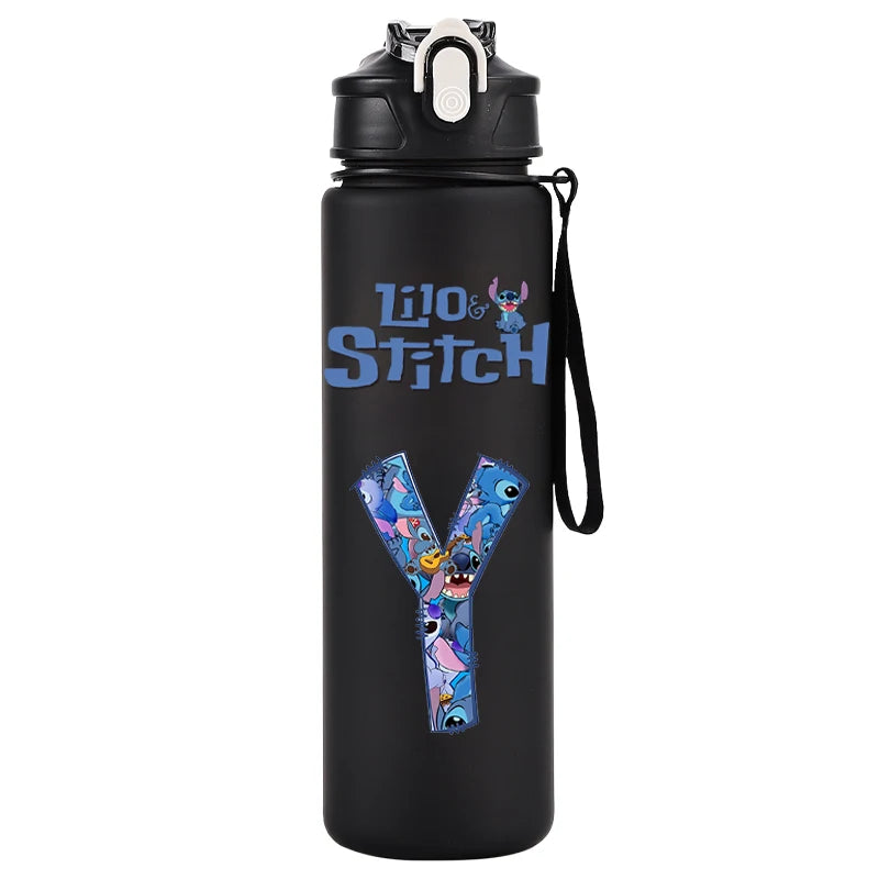 750ml Water Bottle Letter A-Z Printed Lilo Stitch Black Large Capacity Drinking Cup Portable Outdoor Sport Water Cup Kid Gifts