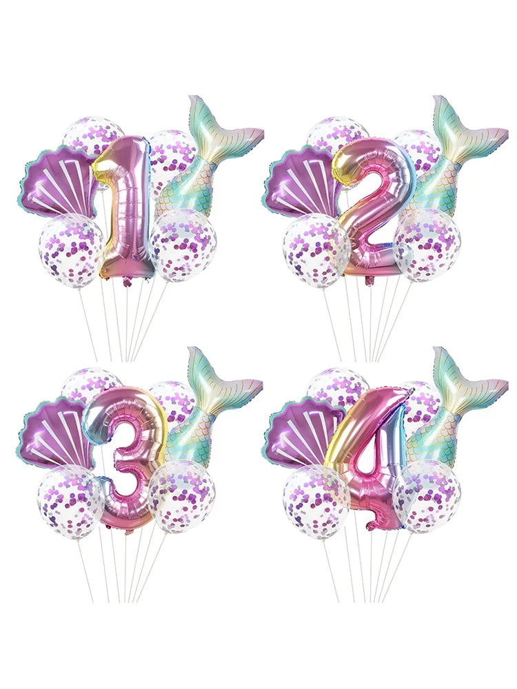7pcs Little Mermaid Party Balloons 32inch Number Foil Balloon Kids Birthday Party Decoration Supplies Baby Shower Decor Globos