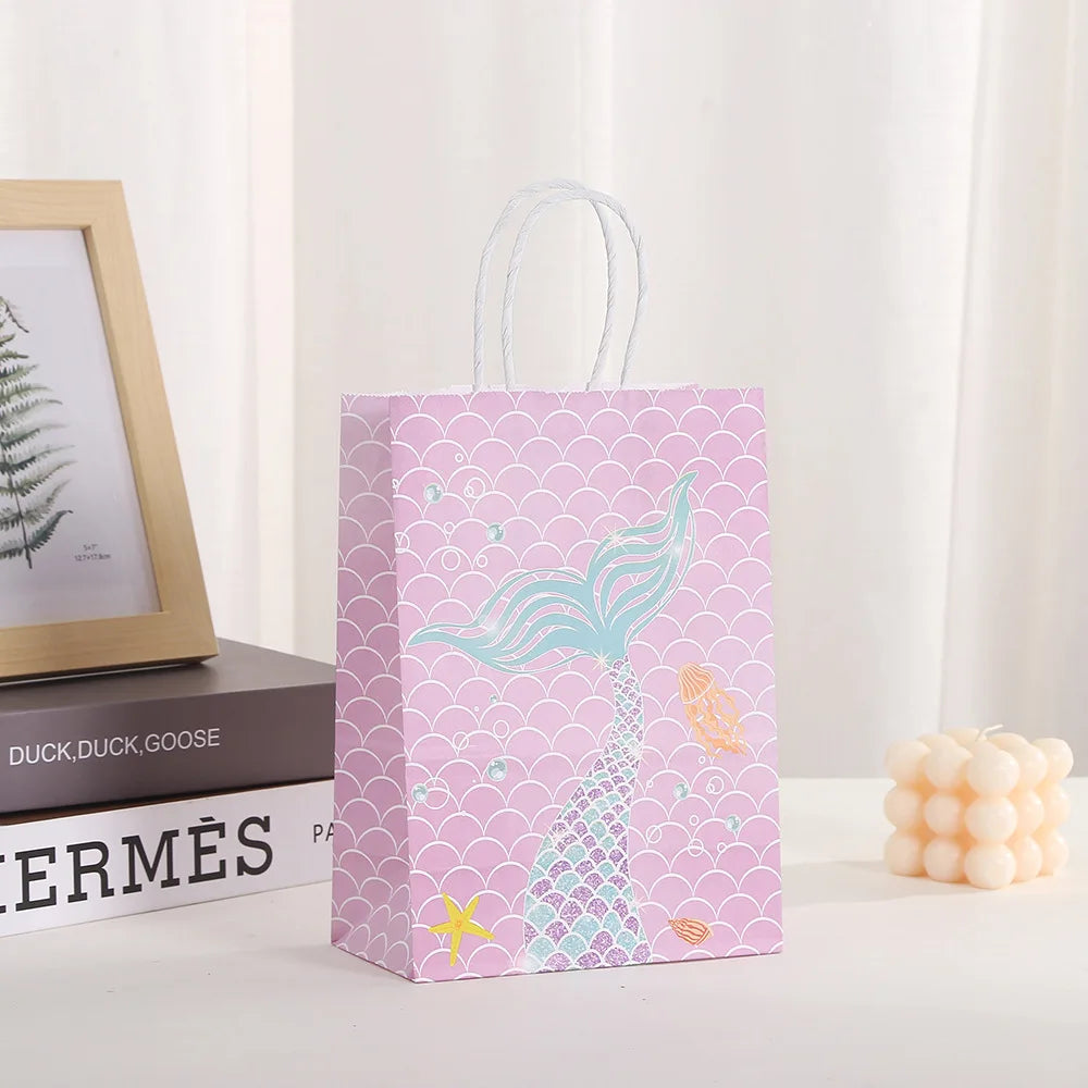 6Pcs Cartoon Ocean Theme Paper Gift Packing Bags Mermaid Shell Candy Cookie Bag for Girl Birthday Baby Shower Party Decoration