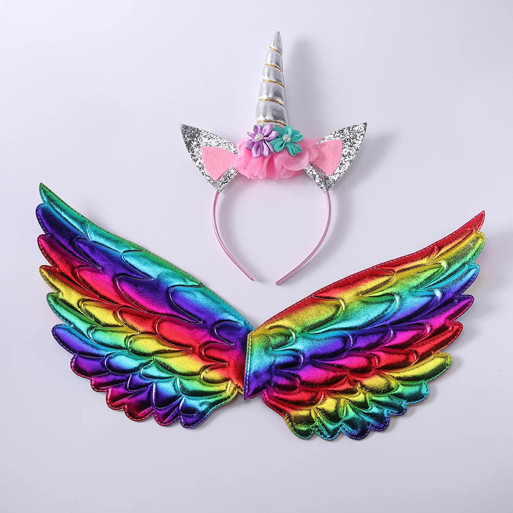 Cute Unicorn Theme Wings Rainbow Little Girls Angel Wings Baby Shower Kids Birthday Party Decoration Prom Performance Cosplay