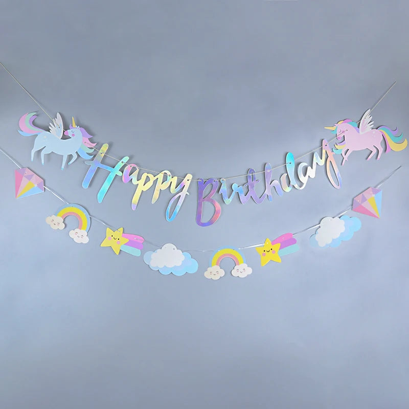 Unicorn Party Happy Birthday Paper Banner Hanging Garland Flag Unicorn Theme Kids 1st Birthday Party Decorations Baby Shower