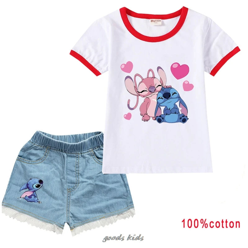 Lilo And Stitch Summer Kids Clothes Toddler Girls Casual Outfits Girl Costume Boys Tshirts+Denim Shorts Suits