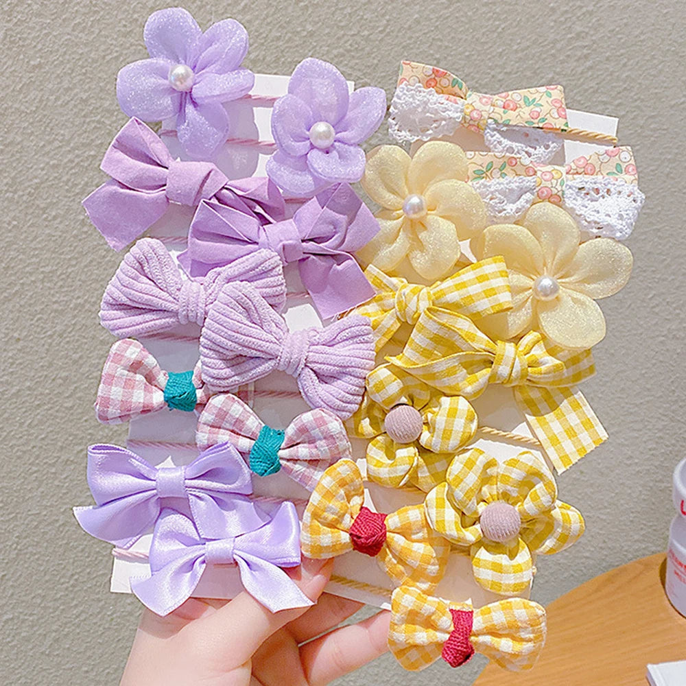 10pcs Cute Flower Hair Ties Set Kids High Elastic Mixed Cloth Plaid Bow Charms Hair Loop For Toddler Girls Princess Headwear