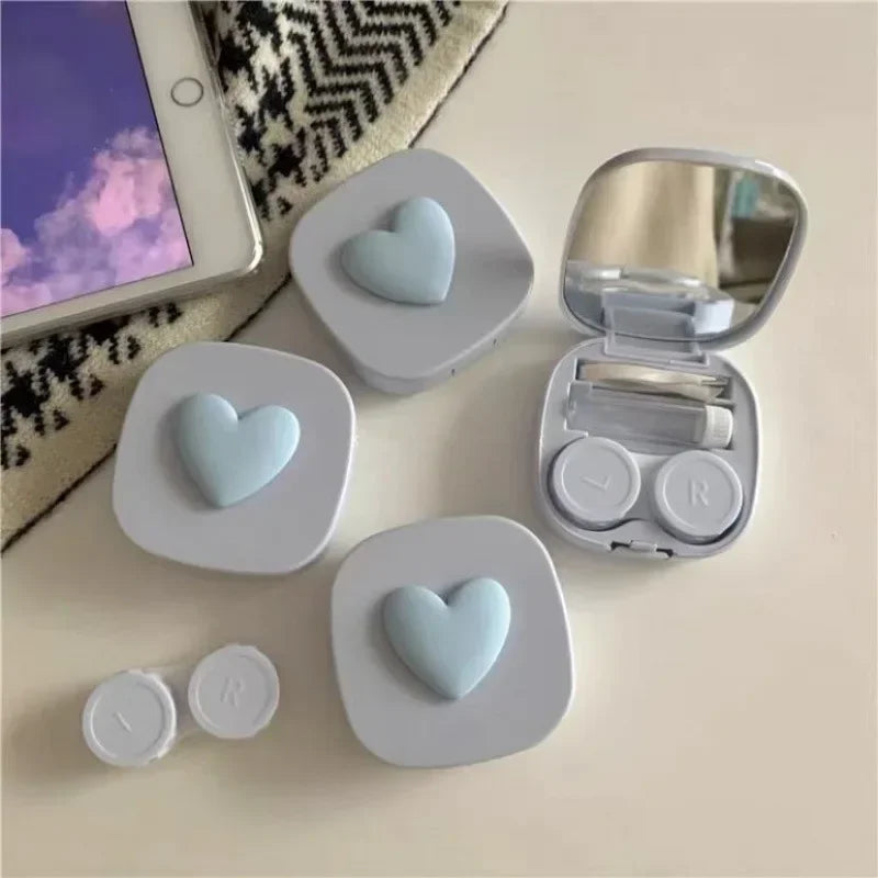 1PCS Women Mini Lovely Eyes Contact Lens Container Box Bag Travel Kit 2023 Girl Cute Heart Contact Lens Case Box with Mirror