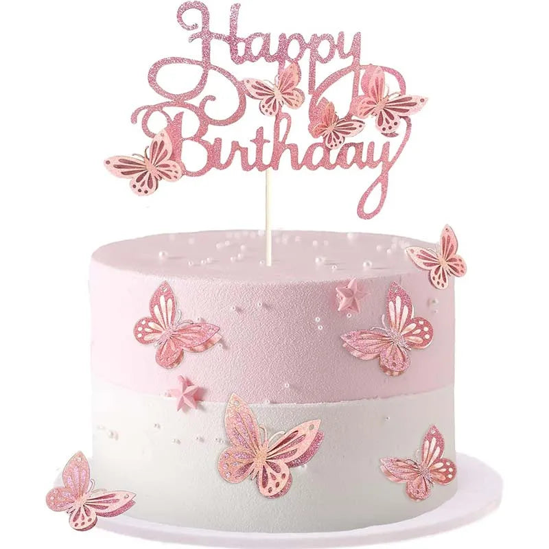 13pcs Pink Butterfly Cake Toppers Happy Birthday Cake Topper 3D Butterfly Decorations for Girls Shower Birthday Cake Decorations