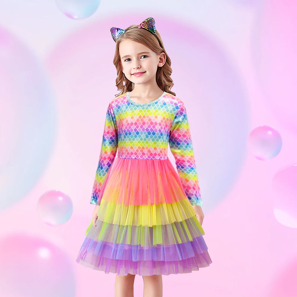 DXTON Autumn Princess Dress Mermaid Children Birthday Party Girls Dress Irregular Layered Prom Kids Long Sleeve Costumes 3-8Y